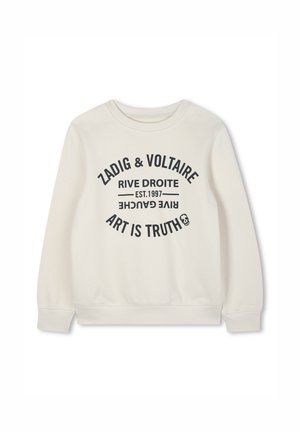 Crème sweatshirt met ronde hals en lange mouwen. Kenmerkt zwarte tekst: "ZADIG & VOLTAIRE RIVE DROITE EST. 1997 ART IS TRUTH" in gestileerd lettertype.