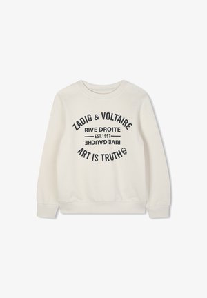 Felpa crema con collo rotondo e maniche lunghe. Presenta un testo nero: "ZADIG & VOLTAIRE RIVE DROITE EST. 1997 ART IS TRUTH" in un font stilizzato.