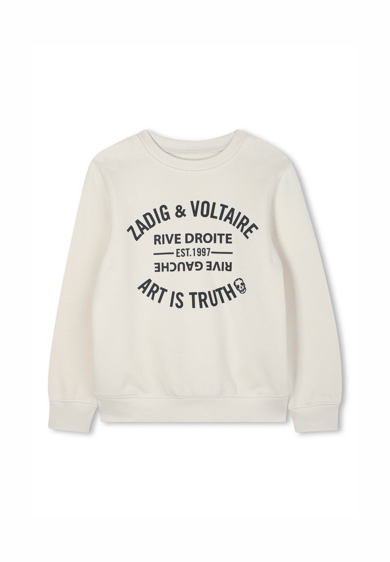 Crème sweatshirt met ronde hals en lange mouwen. Kenmerkt zwarte tekst: "ZADIG & VOLTAIRE RIVE DROITE EST. 1997 ART IS TRUTH" in gestileerd lettertype.