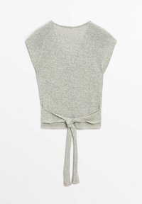 Gray knit top with short, cap sleeves and a tied waist detail. The fabric has a soft texture with a heathered pattern.