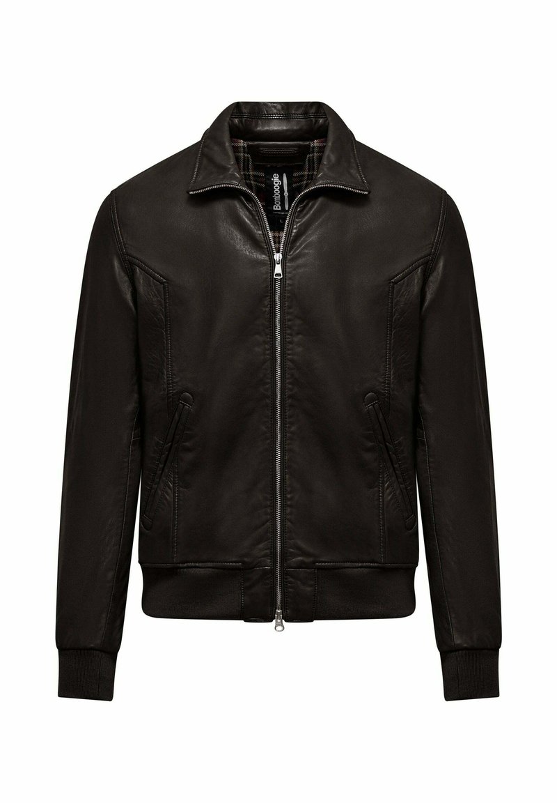 Giacca in pelle nera con colletto strutturato, chiusura con zip e polsini elasticizzati. Due tasche laterali e dettagli di cucitura discreti.