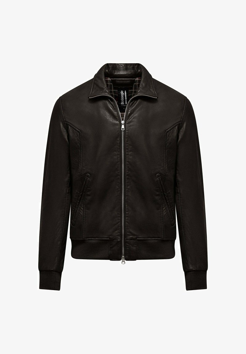 Giacca in pelle nera con colletto strutturato, chiusura con zip e polsini elasticizzati. Due tasche laterali e dettagli di cucitura discreti.