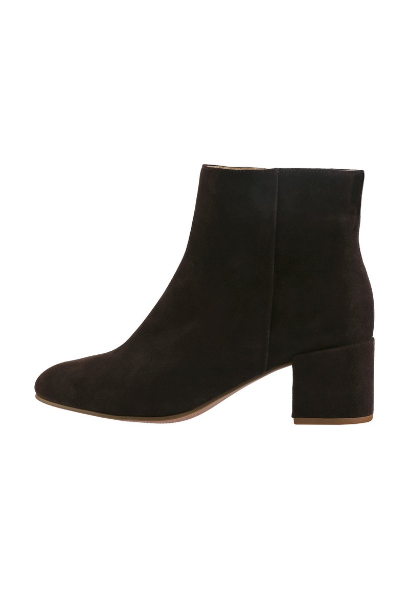 Black suede ankle boot with a rounded toe and a block heel. Features a smooth texture and a simple, elegant design.