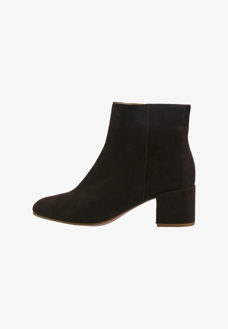 Black suede ankle boot with a rounded toe and a block heel. Features a smooth texture and a simple, elegant design.