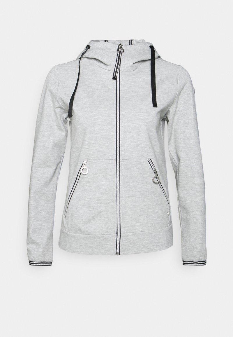 Ljusgrå jacka med dragkedja fram, huva och två dragkedjefickor. Har svarta dragskor och randiga detaljer längs dragkedjorna.