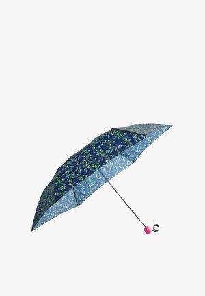 Kompaktowa parasolka z kwiecistym wzorem na ciemnoniebieskim tle, srebrną metalową ramą i różową gumową rączką dla lepszego uchwytu.