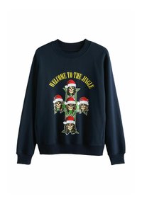 Granatowy sweatshirt z napisem "Witamy w Jingle" oraz czterema czaszkami w czerwonych czapkach Mikołaja na zielonym tle w kształcie krzyża.