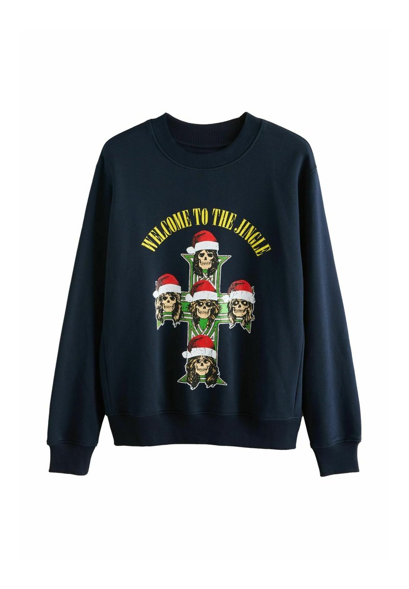 Granatowy sweatshirt z napisem "Witamy w Jingle" oraz czterema czaszkami w czerwonych czapkach Mikołaja na zielonym tle w kształcie krzyża.