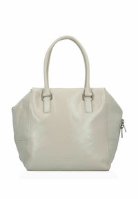Borsa a spalla in pelle crema con due manici superiori, dettagli in metallo argentato e un design elegante e strutturato. Tasca laterale con zip visibile.