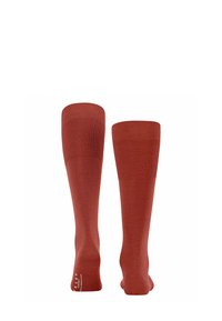 Calze al ginocchio di un caldo colore rosso con parte superiore a coste e superficie liscia. Presentano un logo bianco sulla caviglia. Il materiale sembra elastico.
