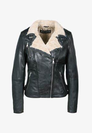Schwarze Leder-Motorradjacke mit einem Kragen aus cremefarbenem Kunstfell; verfügt über Reißverschlüsse und ein tailliertes Design; glatte Textur mit einem eleganten Finish.