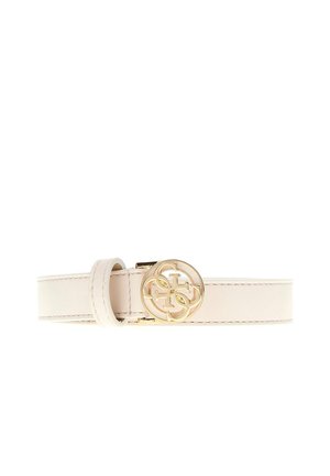 Cintura in pelle beige con fibbia rotonda dorata con lettere intrecciate, cuciture lungo i bordi e passante in pelle.