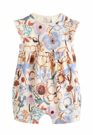 Kukkakuvioitu romperi kermaan vivahtavassa sävyssä, jossa on lyhyet röyhelöhihat, joustava vyötärö ja värikkäitä violettien, sinisten ja oranssien kukkien kuvioita.