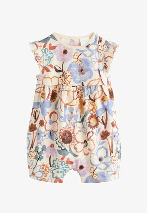 Floraler Jumpsuit in Creme mit kurzen Rüschenärmeln, elastischer Taille und bunten Designs aus lila, blauen und orangefarbenen Blumen.