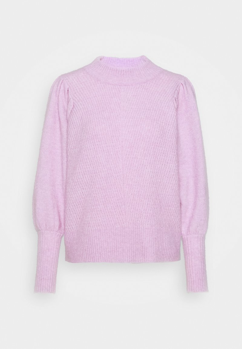 Pull en maille côtelée violet clair avec manches longues bouffantes, col montant et poignets ajustés, présenté sur un fond blanc.