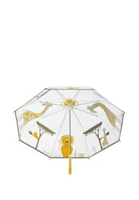 Clear umbrella with yellow animal illustrations, including a lion and giraffe, featuring a yellow handle and gray support structure.