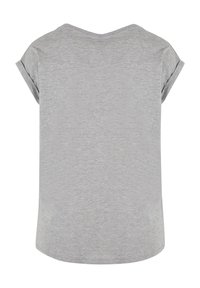 Maglietta in cotone grigia, maniche corte, scollatura rotonda, trama liscia, vestibilità comoda, design posteriore senza dettagli.