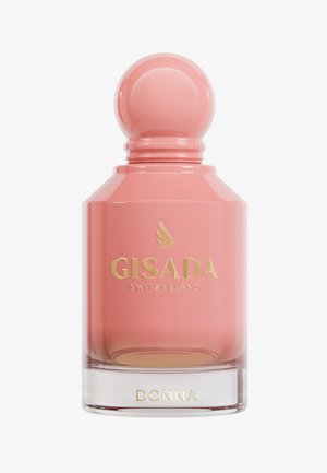 Botella de perfume Gisada Donna, vidrio rosa, forma cilíndrica, tapa redonda, letras doradas, base transparente, diseño elegante.