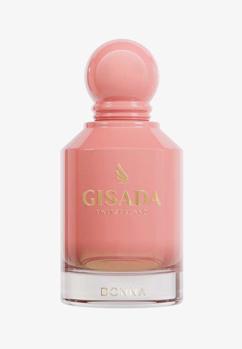 Botella de perfume Gisada Donna, vidrio rosa, forma cilíndrica, tapa redonda, letras doradas, base transparente, diseño elegante.