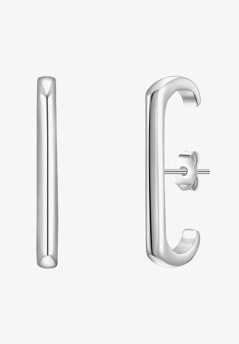 Sidabriniai auskarai, su glotniu, lakuotu paviršiumi, turintys linijinę formą iš vienos pusės ir kreivinę struktūrą su smeigtuko tvirtinimu iš kitos.