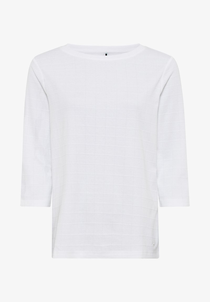 Witte, lange mouwen shirt gemaakt van gestructureerde stof met een ruitpatroon. Heeft een ronde halslijn en een comfortabele pasvorm.