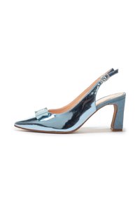 Décolleté in pelle lucida blu metallizzato con punta affusolata, dotate di un accento in chiffon blu chiaro e tacco a blocco.