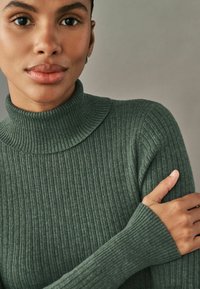 Grüner, gerippter Rollkragenpullover mit langen Ärmeln, ausgestattet mit einem strukturierten Kragen und einer weichen, strukturierten Oberfläche.
