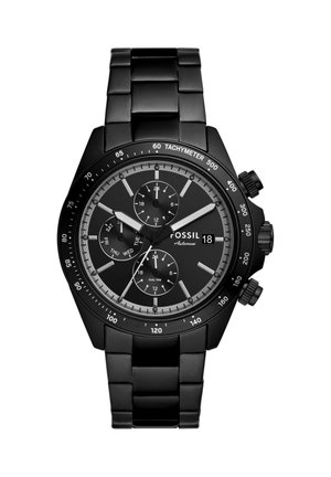 Czarny zegarek chronograf Fossil z metalową bransoletą, trzema subtarczami pokazującymi dzień, 24-godzinny czas i czas podwójny oraz okienkiem daty na godzinie 3.