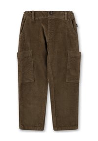 Braune Cord-Hosen mit gerippter Textur, ausgestattet mit einem Knopfverschluss und zwei Seiten Taschen an jedem Bein. Gerader Schnitt.