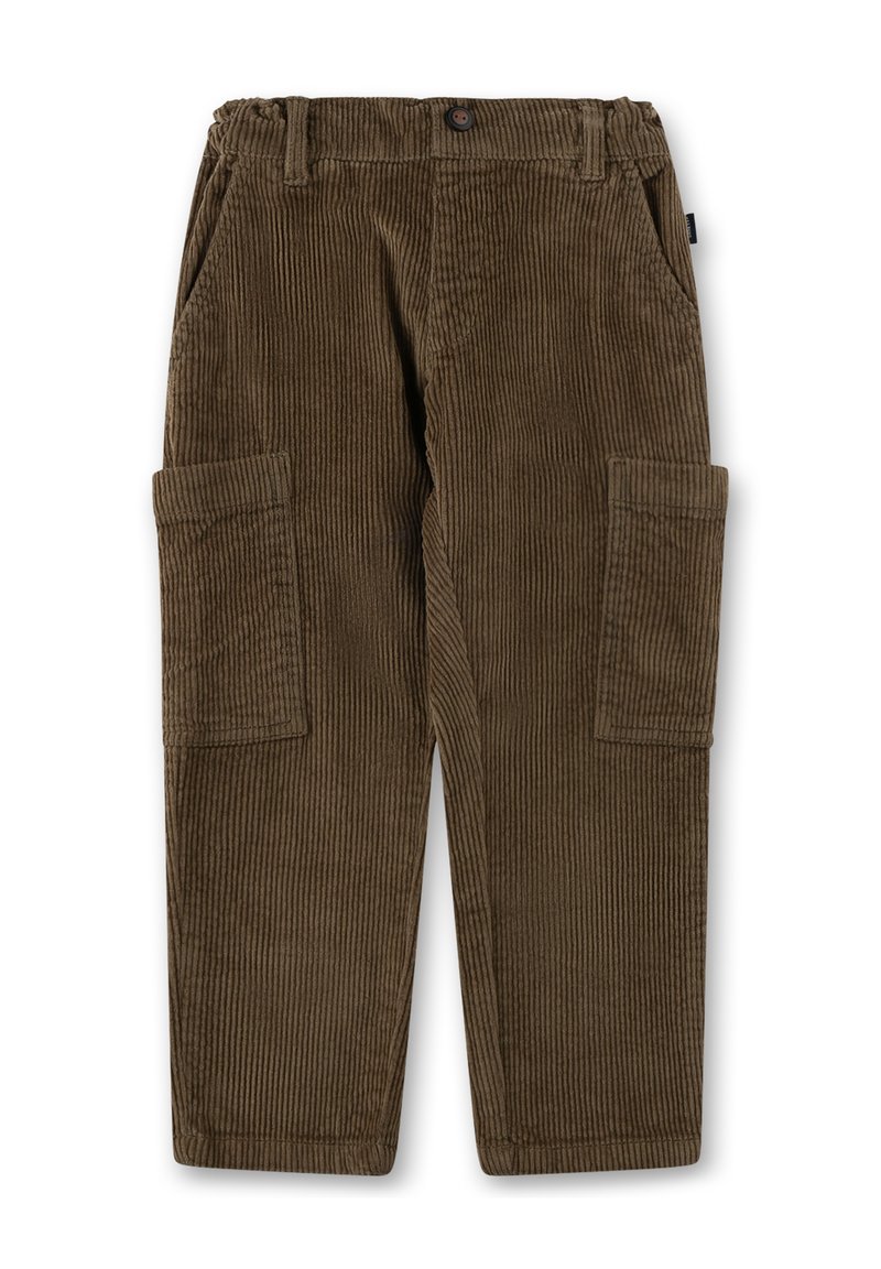 Braune Cord-Hosen mit gerippter Textur, ausgestattet mit einem Knopfverschluss und zwei Seiten Taschen an jedem Bein. Gerader Schnitt.