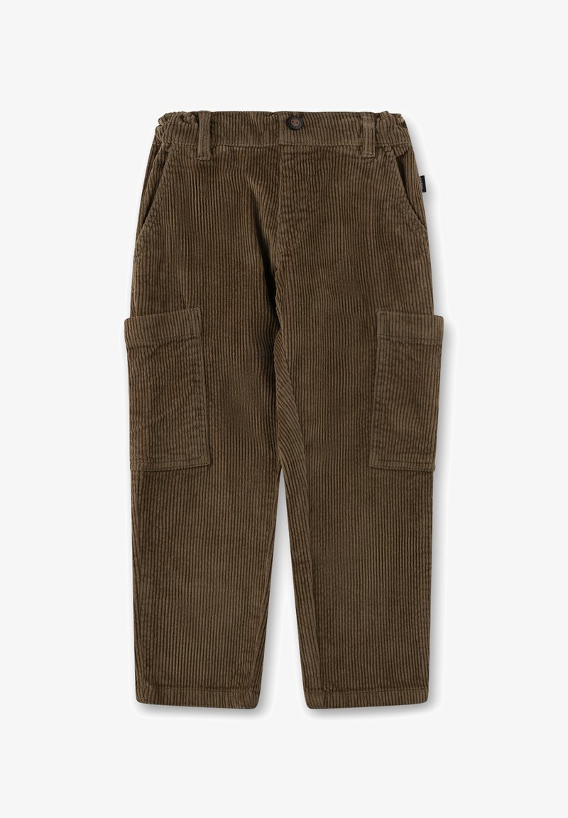 Braune Cord-Hosen mit gerippter Textur, ausgestattet mit einem Knopfverschluss und zwei Seiten Taschen an jedem Bein. Gerader Schnitt.
