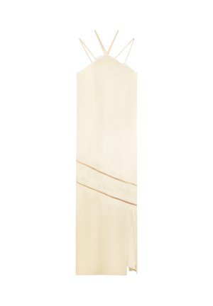 Cream-colored dress featuring a straight silhouette, delicate lace trim, and adjustable spaghetti straps with a side slit for added detail.