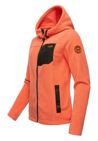 Fleece hooded jacket in bright coral with black accents. Features a zippered chest pocket, two buttoned side pockets, and textured fabric.