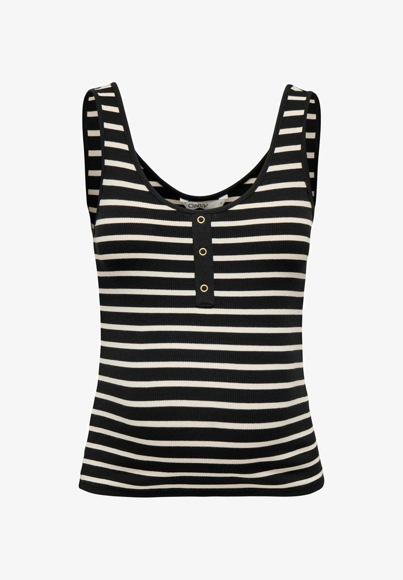 Svart og kremstripet singlet med rund hals, ribbet tekstur og knappdetalj midt foran. Uten ermer.