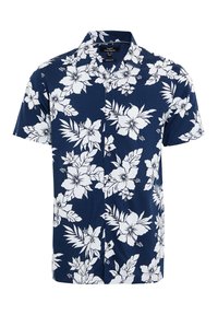 Laivastonsininen lyhythihainen paita, jossa on suuret valkoiset kukka- ja lehtikuviot. Napillinen malli rennolla istuvuudella ja sileällä kankaan pinnalla.