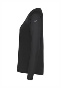 Schwarzes Langarmshirt aus glattem Material, mit schmaler Passform und kleinem Logo auf der linken Schulter.