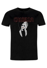 T-shirt nera in cotone con grafica di Crudelia, realizzata con effetto usurato e lettering rosso per il nome "CRUELLA".