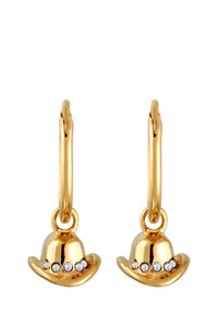 Guldøreringe med små cowboyhat charm med tre klare rhinsten på skyggen, glat overflade og blank finish.