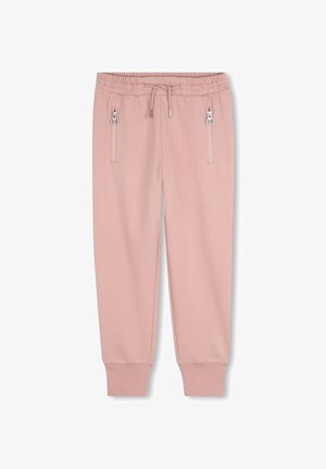 Lichtroze sweatpants met een elastische tailleband, een trekkoordsluiting en ritszakken aan de zijkant. Zachte katoenmix stof en ribgebreide manchetten.