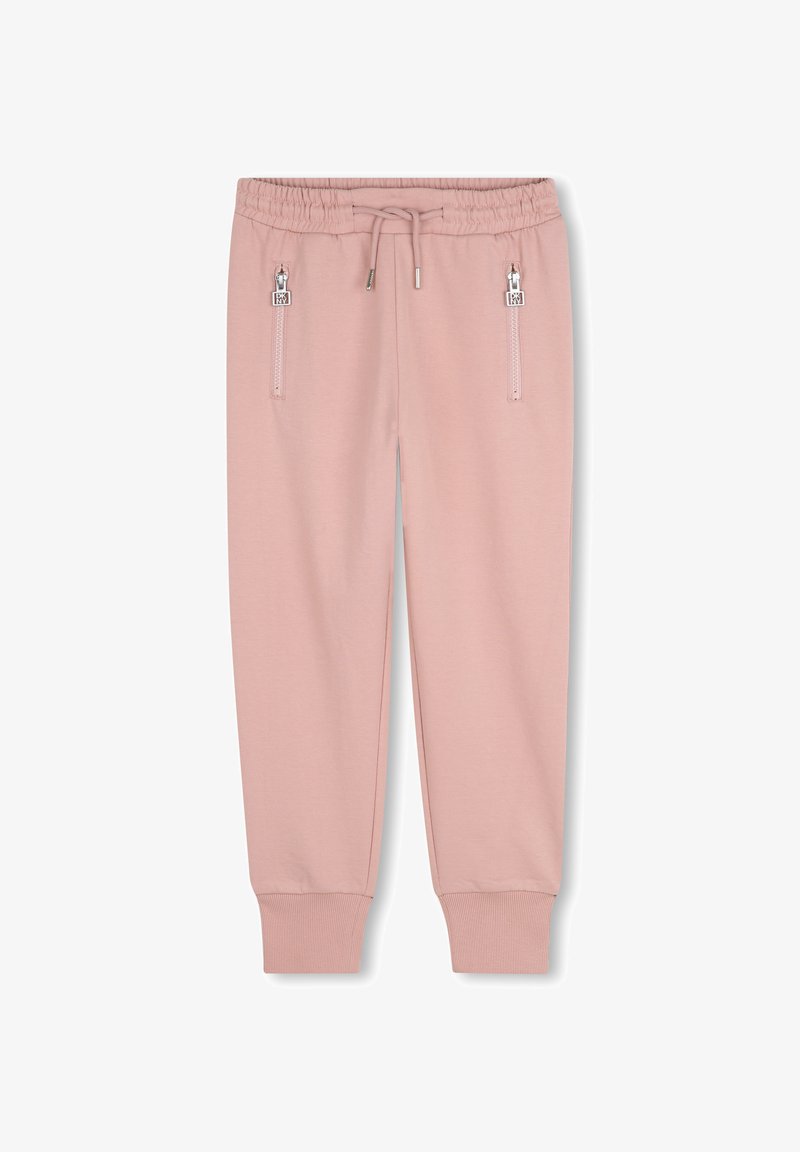 Pantalon de sudation rose clair avec une taille élastique, fermeture à cordon de serrage et poches latérales zippées. Tissu en mélange de coton doux et poignets côtelés.