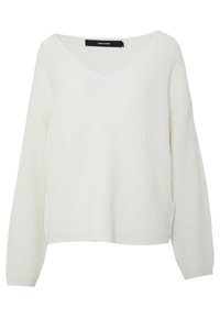 Pull blanc en maille avec col en V, manches longues et texture côtelée, étiqueté Vero Moda.