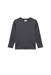 Langærmet grå t-shirt lavet af blødt stof, med rund halsudskæring og et mønster af små, metalliske prikker jævnt fordelt over hele.