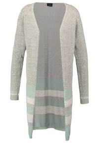 Cardigan en maille à ouverture devant longue, gris clair avec des rayures horizontales vert menthe et crème près de l'ourlet et des poignets.