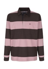 Langarm-Polohemd mit abwechselnd dunkelbraunen und rosa horizontalen Streifen, mit einem Kragen und einem kleinen Logo auf der Brust.