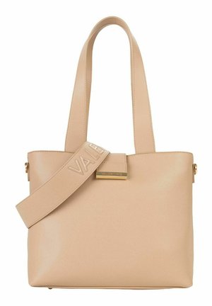 Sac fourre-tout en cuir beige avec deux poignées et une bandoulière réglable embossée du logo "VALENTINO".