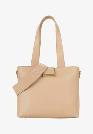 Sac fourre-tout en cuir beige avec deux poignées et une bandoulière réglable embossée du logo "VALENTINO".