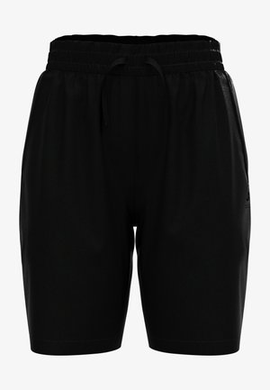 Black athletic shorts made of smooth polyester with an elastic waistband, adjustable drawstring, and minimal stitching detail.