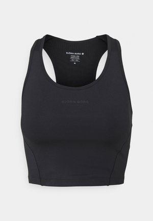 Sort sports-bh med tætsiddende pasform, lavet af glat, elastisk stof. Har racerback-stil og subtilt logo trykt på fronten.