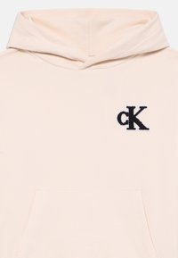 Felpa rosa chiaro con tasca frontale e logo "cK" ricamato in nero. Tessuto liscia e texturizzato; progettata con un ampio cappuccio.