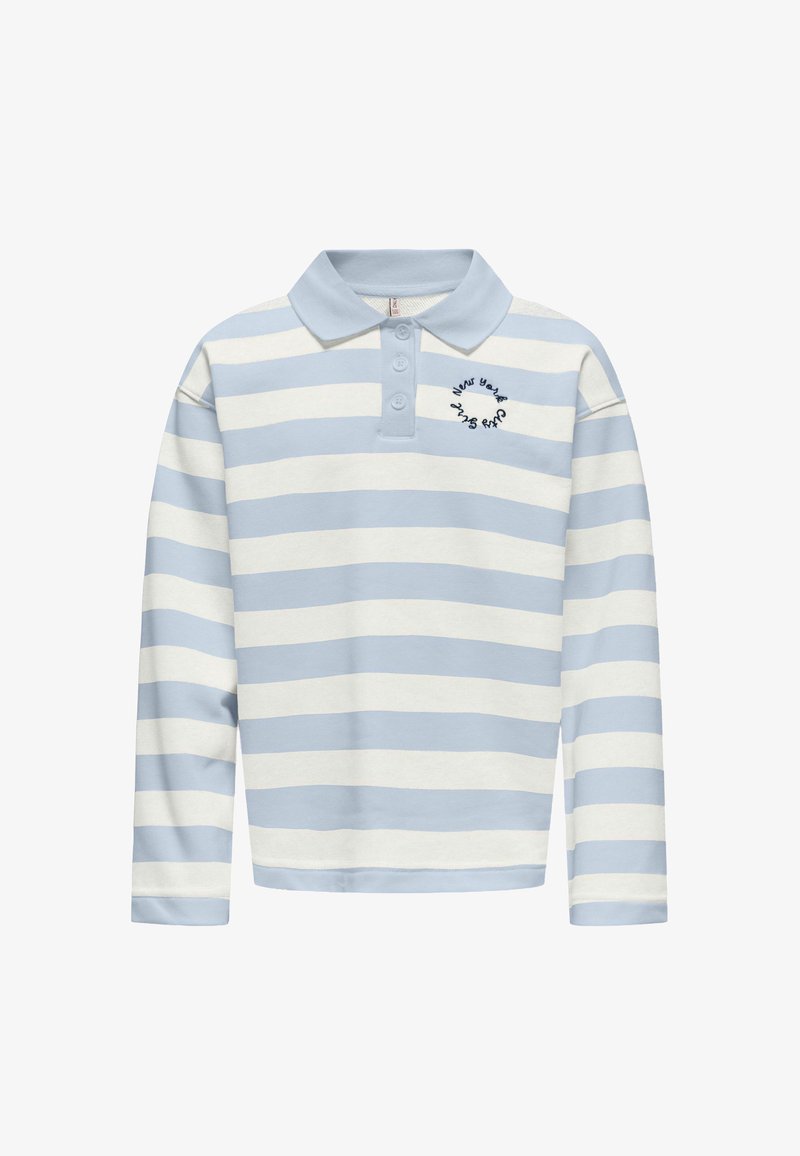 Pikakorraline polo-särk hele sinise ja valge triibulise mustriga. Omab kraega ja kolme nupuga plakeeringut, rinnal on tikitud tekst.